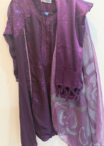 Purple thread Embroidered Kurta Set,Dupatta&amp;Pant