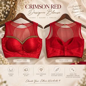 Crimson Red Raw Silk & Net Padded Blouse