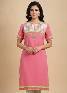 Pink Kurta with Embellished Neckline