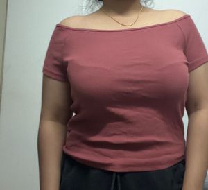 H&amp;M Ribbed Off-Shoulder Dusty Pink Top