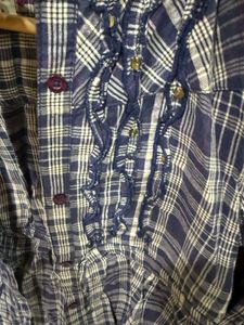 Blue Plaid Button-Up Top with Ruffles