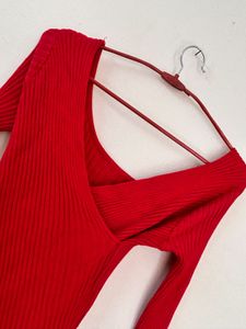 Red Ribbed Wrap Top