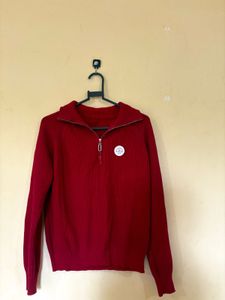Red Zip-Up Knit Sweater