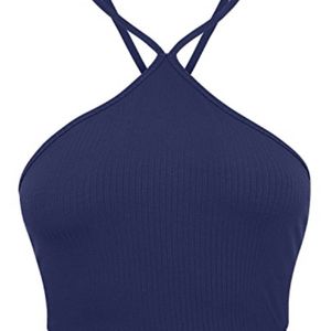 Blue Halter Ribbed Crop Top