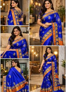 Elegant Blue Silk Saree with Gold Details