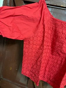 Red Eyelet Puff Sleeve Top