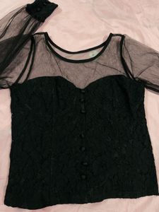 Sheer Sleeve Lace Detail Top