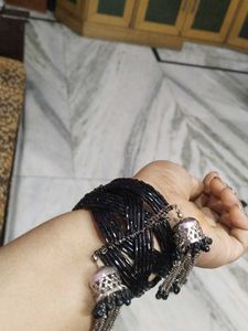 Black Beaded Bracelet with Tassels