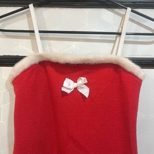 Red Christmas Themed Mini Dress with Fur Trim