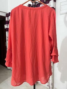Elegant Coral Pleated Sleeve Top