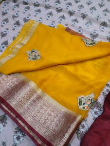 Elegant Yellow Silk Saree with Maroon Border