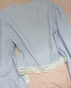 Light Blue Striped Lace Trim Blouse