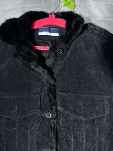 Black Corduroy Jacket with Fur Trim