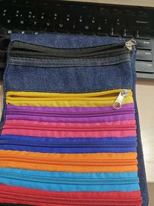 Denim Pouch with Colorful Zippers