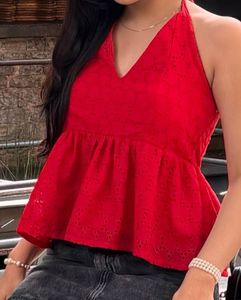 Red Halter Eyelet Top