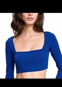 Blue Square Neck Long Sleeve Crop Top