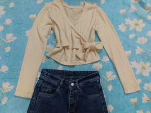 Cream Wrap Style Long Sleeve Top