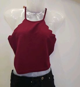 Maroon Scalloped Halter Crop Top