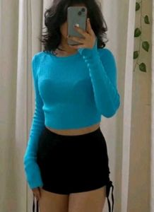 Turquoise Blue Ribbed Crop Top