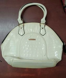 Cream Croc-Textured Dome Satchel Handbag