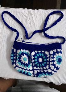 Handmade Crochet Blue & White Crossbody Bag