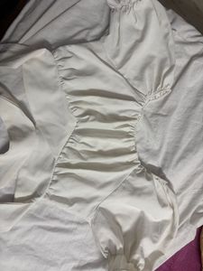 White Ruched Crop Tie-Back Puff Sleeves