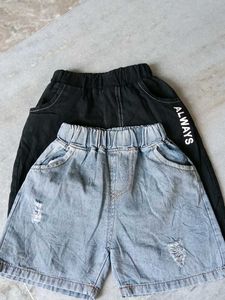 2 Cute Denim Shorts & Black Pants Set