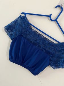 Blue Lace Off-Shoulder Crop Top