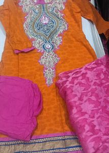 Orange Embroidered Kurta Set with Pink Dupatta
