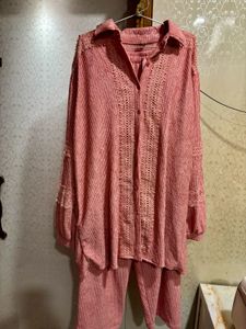Chic Pink Cord Set with Lace Detail