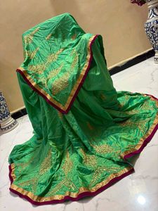 Vibrant Green Silk Saree with Gold Embroidery