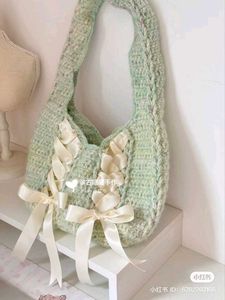 Cream Crochet Corset Bag with Pink Ribbons