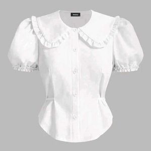 Ruffle Collar Puff sleeve Fitted Blouse in white