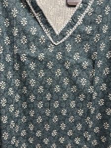 Green Printed Kurta with Lace Trim
