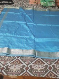 Beautiful Blue Saree with Silver Border