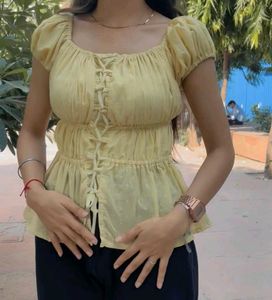 Trendy Yellow Puff Sleeve Corset Top