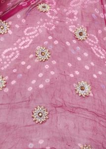 pure georgate Pink Bandhani Saree with Embroi