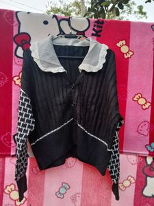Unique Black Cardigan with Collar Detail