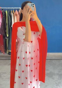 White frock Set with Red Hearts duppta trouser