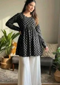 Elegant Black & White Printed Short Kurta