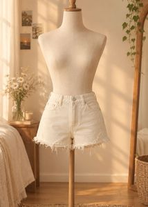 Cream Frayed Hem Denim Shorts