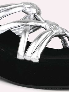 Silver Strapy Open Toe Wedge Heels With Knots