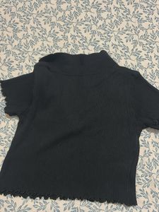 Cute Black Ribbed Polo Top