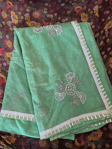 Green Embroidered Saree with attached blouse Piece