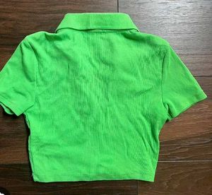 Green Ribbed Collared Zip-Up Crop Top