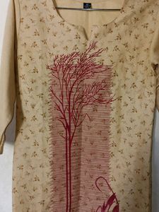 Elegant Beige Kurta with Red Tree Print