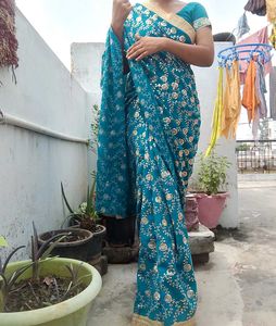 Beautiful Teal Embroidered Saree