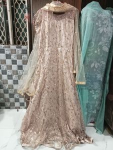 Elegant Nude Gold Embroidered Anarkali Gown