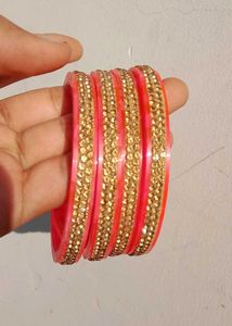 Elegant Pink &amp; Gold Stone Bangles