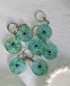 Evil Eye Keychain Blue Green Gold Flakes